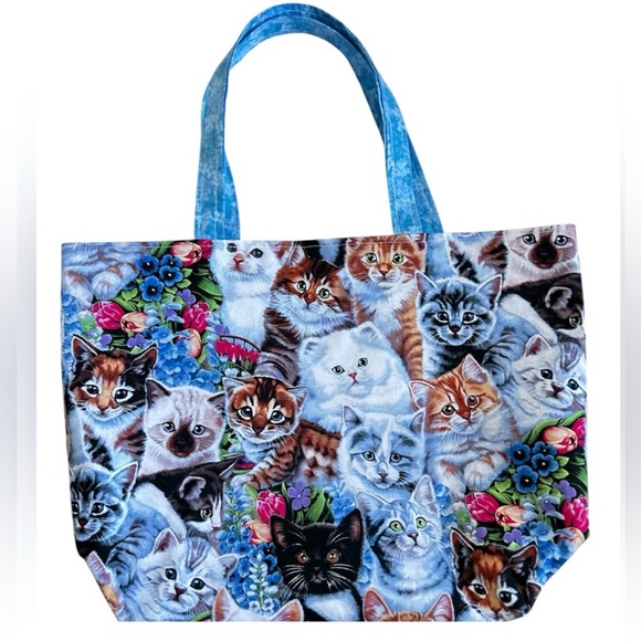 Hand Crafted Multicolor Cat Print Tote Bag All Purpose Carry All Shoulder Purse - Picture 6 of 7